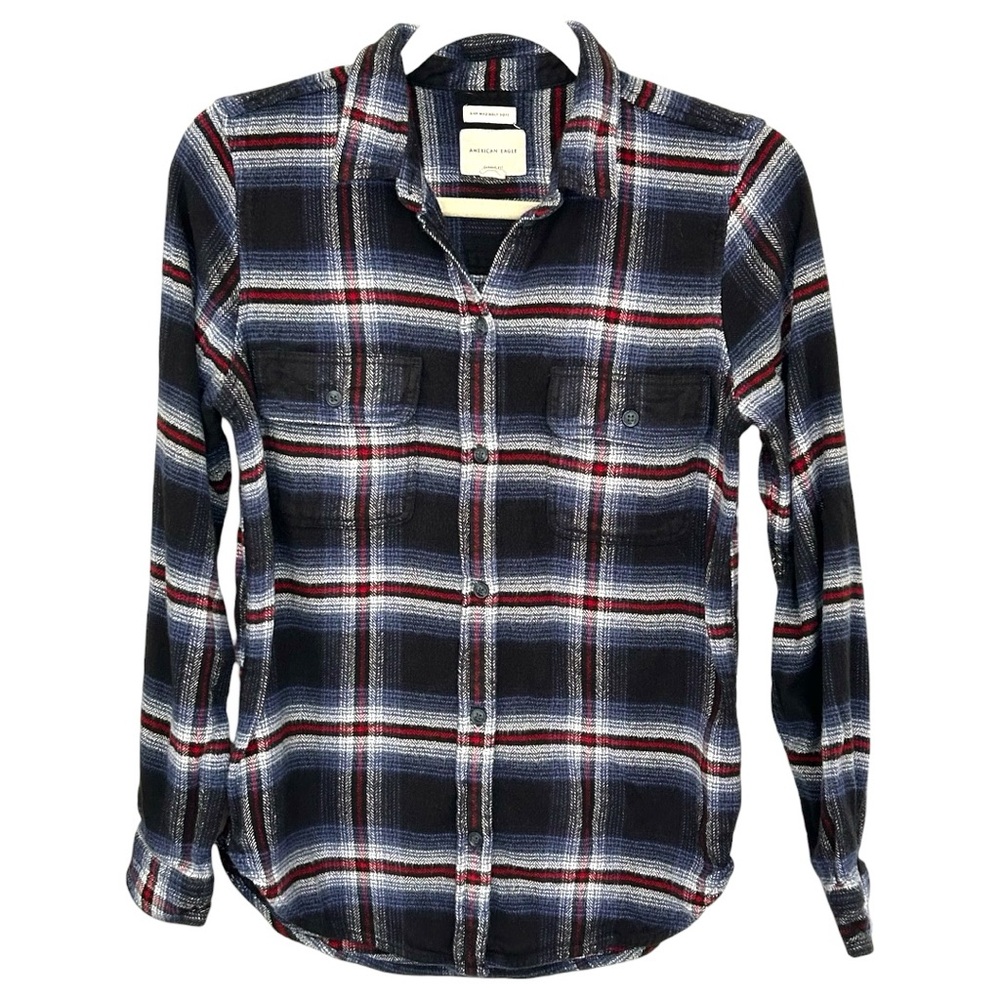 American Eagle Women’s Navy and Burgundy Plaid Button Down Shirt Sz M